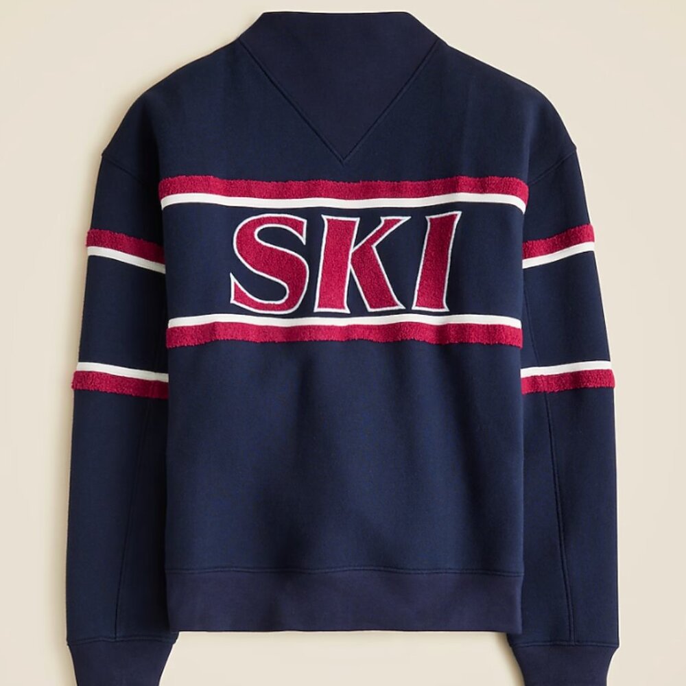 NWT JCrew Heritage fleece "Ski" graphic navy sweatshirt mockneck